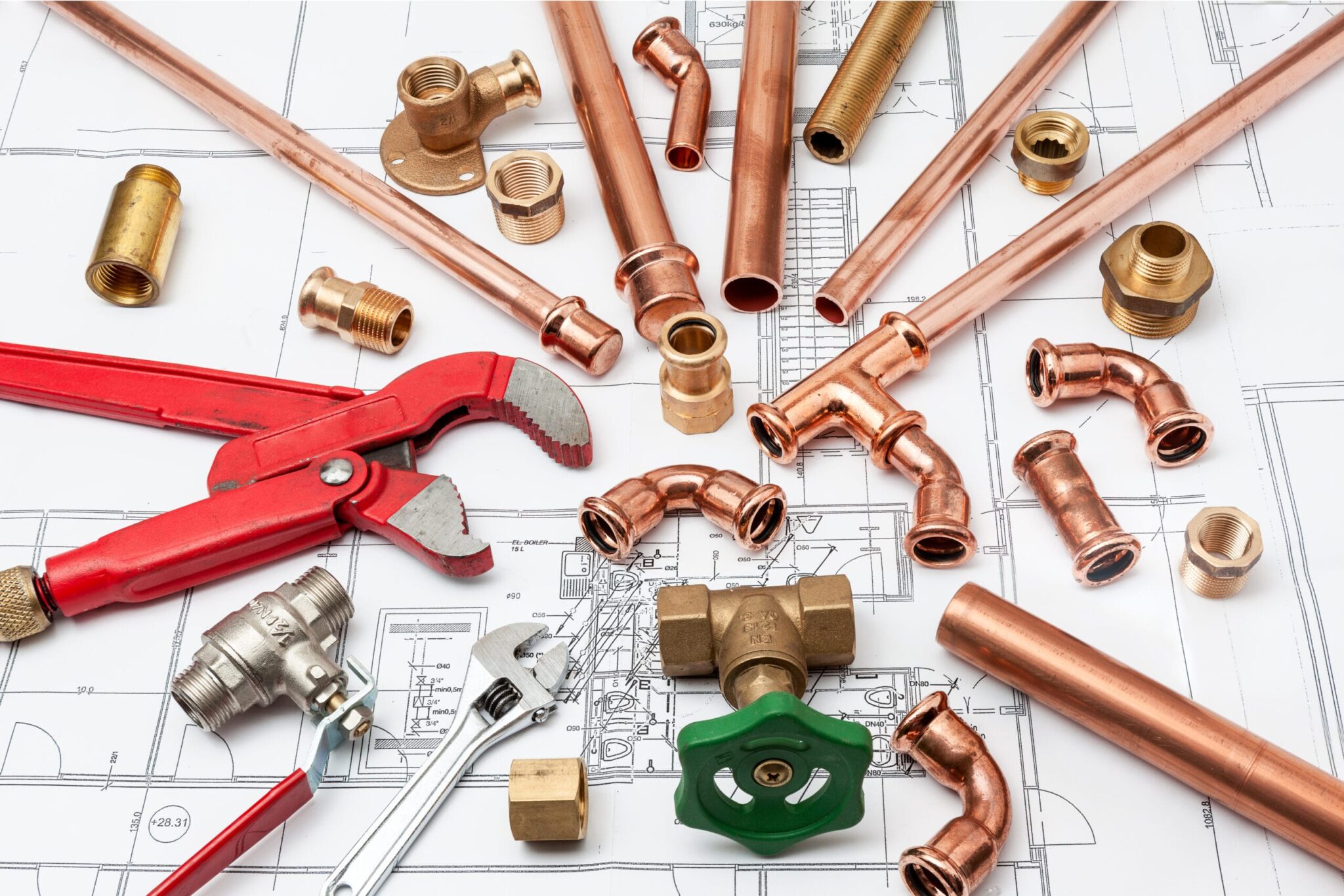 Copper pipes, fittings, valves, and plumbing tools in Louisville