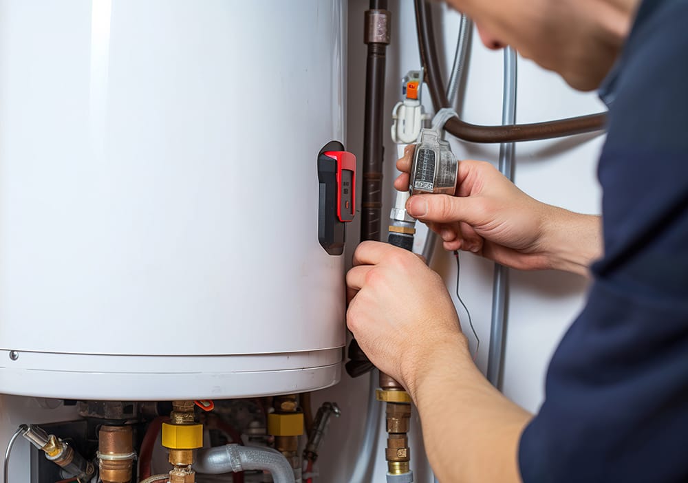 Technician repairing pipes connected to a water heater in Louisville